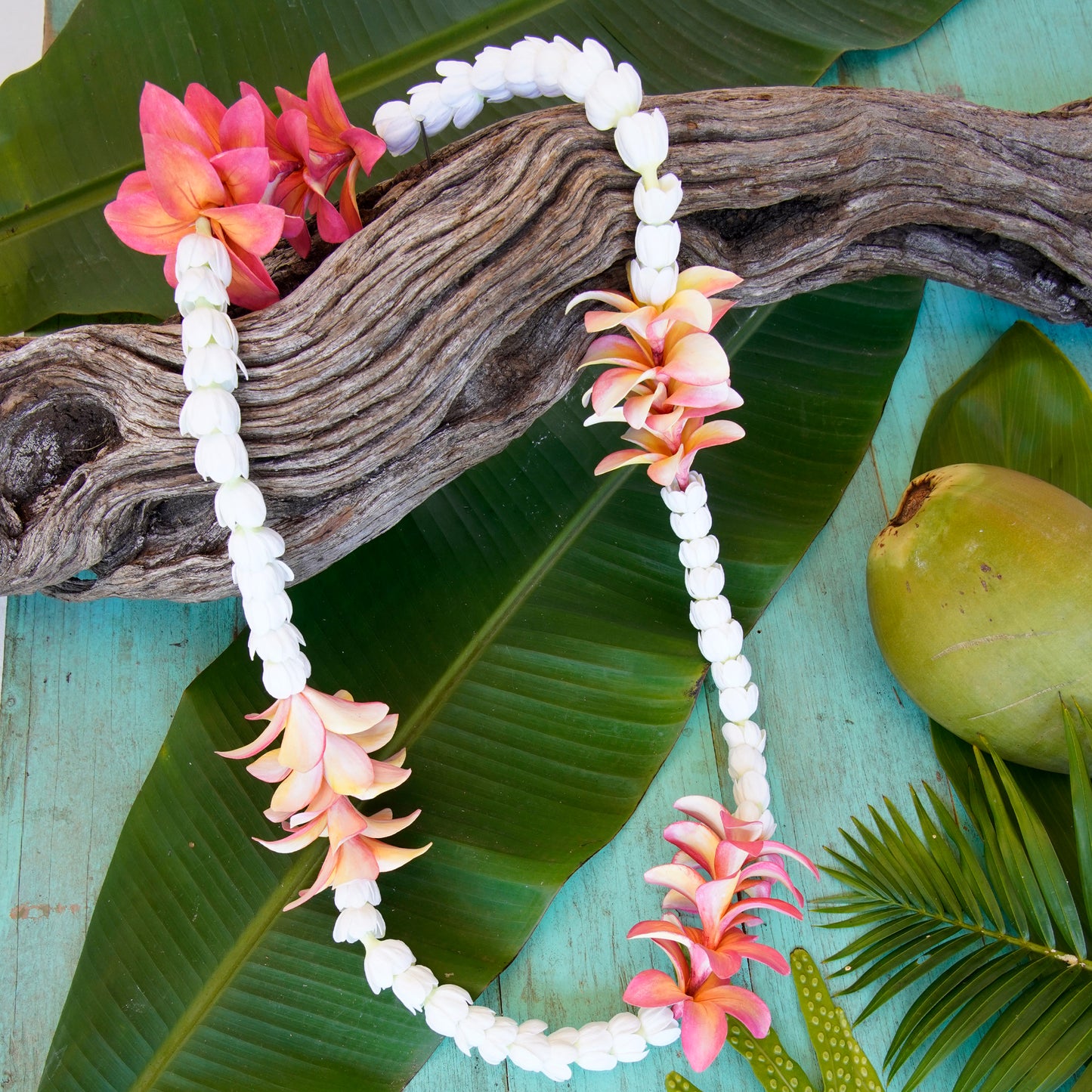 プルメリアとピカケのレイ。 お花ひとつひとつがクレイで作られていますので、永遠に枯れずに保管できます。本物よりも軽く、色合いも鮮やかでリアルに作られています。お部屋のインテリアとして、またフラダンスやウエディングの際に飾りとして実際に首にかけてご使用いただけます。永久に持ちますので、ギフトとしても最適です。 レイとは 「歓迎」「祝福」「感謝」など贈る相手によって様々な意味合いをもつハワイの文化です